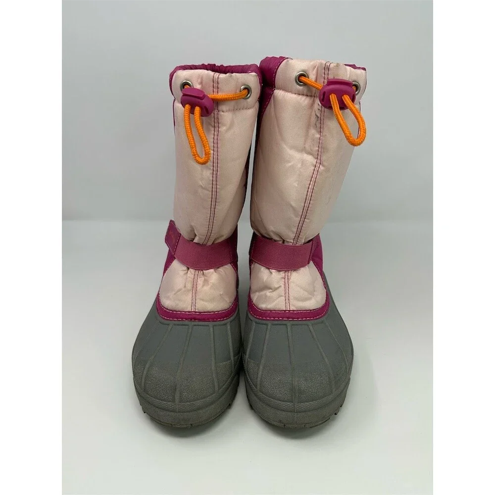 Columbia Powderbug Snowlite Kids Snow Boots Pink Gray Drawcord Strap Size 4